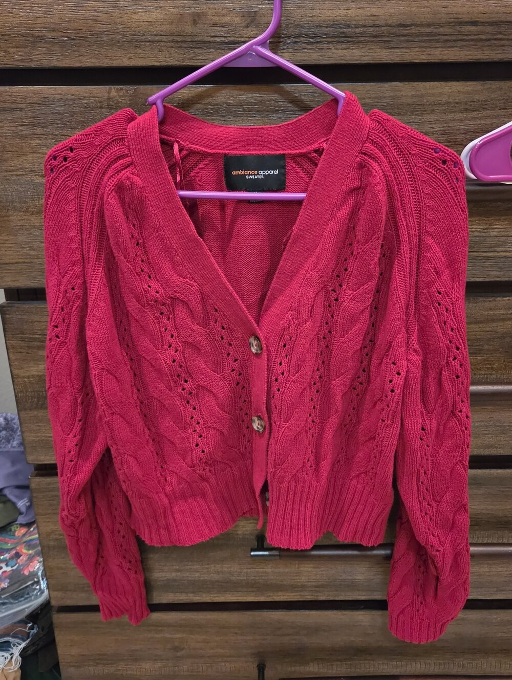 Ambiance Apparel Bright Red Cable-Knit V-Neck Cardigan Size Medium